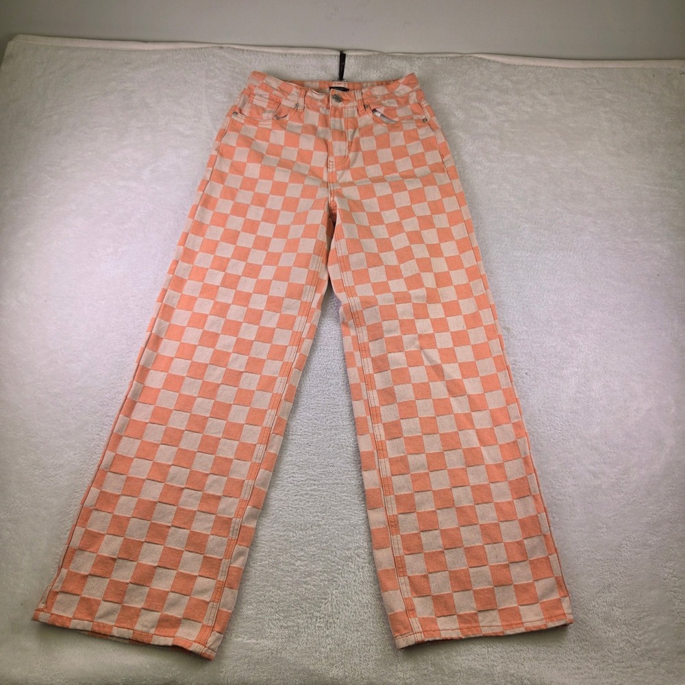 Nasty Gal Womens Orange Checkered Wide Leg High Rise Denim Jeans Size US 6